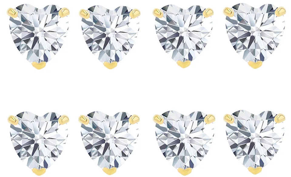 18k Yellow Gold Plated 2Ct Heart White Sapphire Set Of Four Stud Earrings