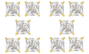 18k Yellow Gold Plated 4mm 1Ct Square Cut White Sapphire Set Of Five Stud Earrings