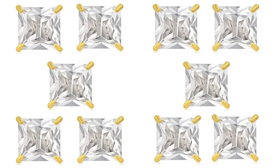 18k Yellow Gold Plated 4mm 1Ct Square Cut White Sapphire Set Of Five Stud Earrings