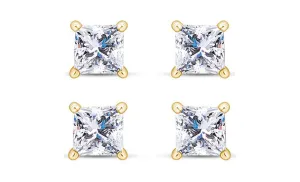 18k Yellow Gold Plated 6mm 1Ct Princess Cut White Sapphire Set Of Two Stud Earrings
