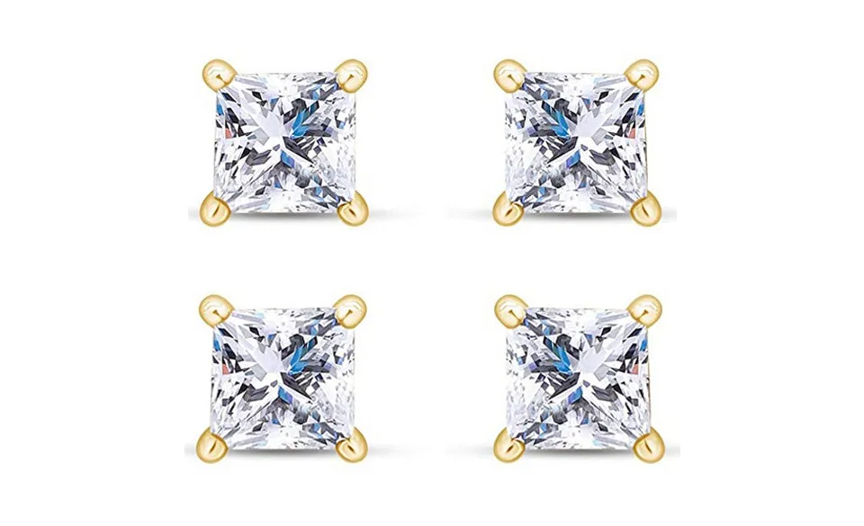 18k Yellow Gold Plated 6mm 1Ct Princess Cut White Sapphire Set Of Two Stud Earrings