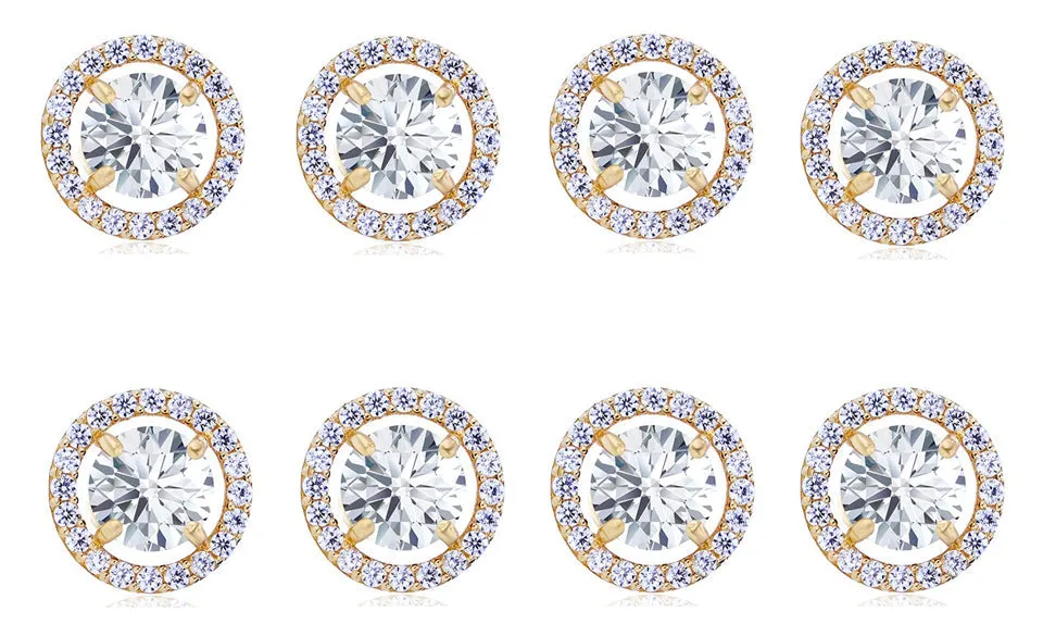 18k Yellow Gold Plated 6mm 2Ct Round White Sapphire Set Of Four Halo Stud Earrings