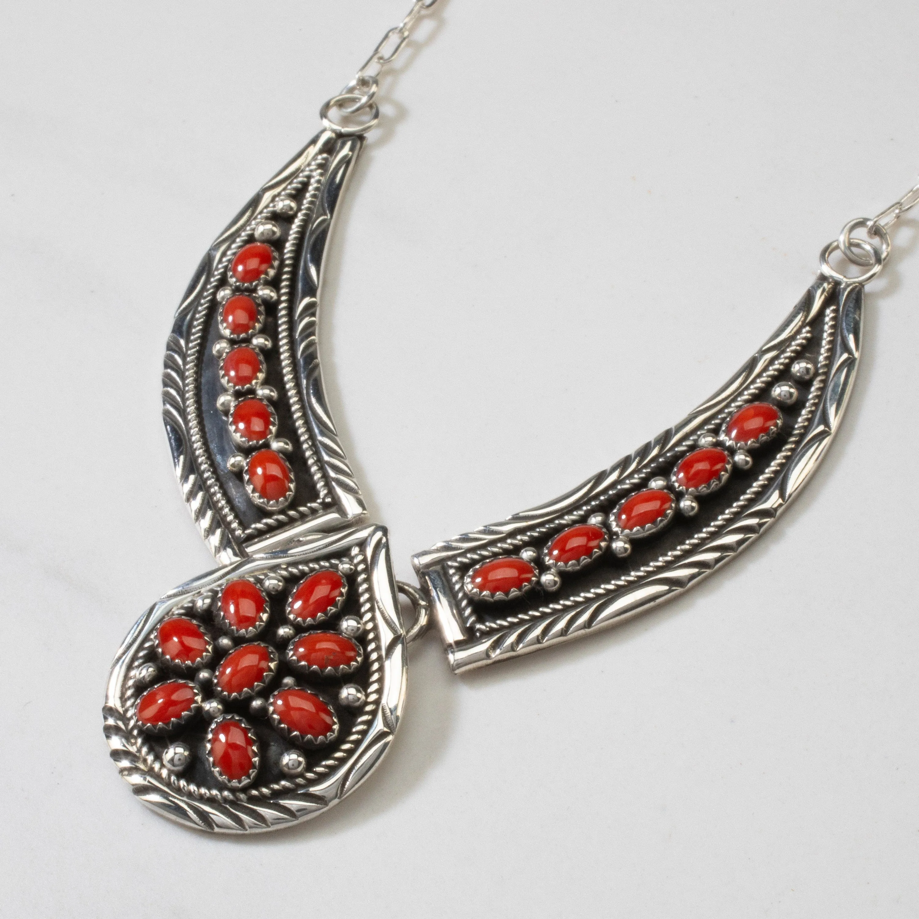 18" Bobby Johnson Red Coral Navajo USA Native American Made 925 Sterling Silver Necklace