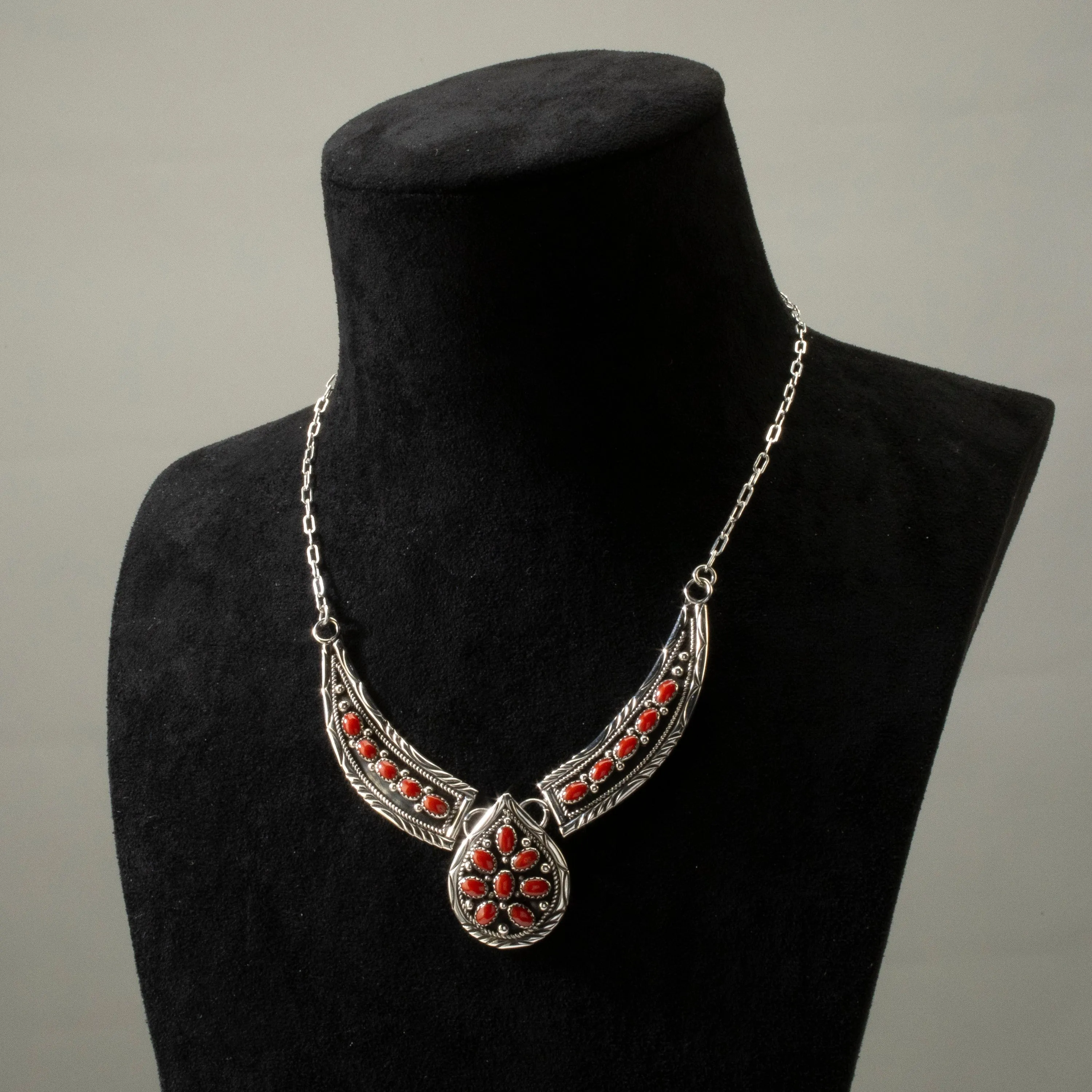 18" Bobby Johnson Red Coral Navajo USA Native American Made 925 Sterling Silver Necklace
