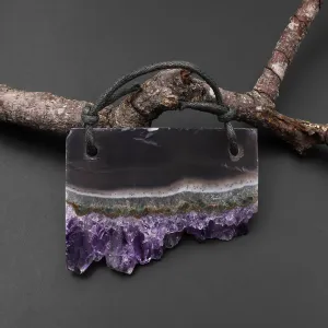 2 Hole Pendant Natural Green Purple Amethyst Stalactite Druzy Pendant Drilled Flat Slice Rectangle P0149