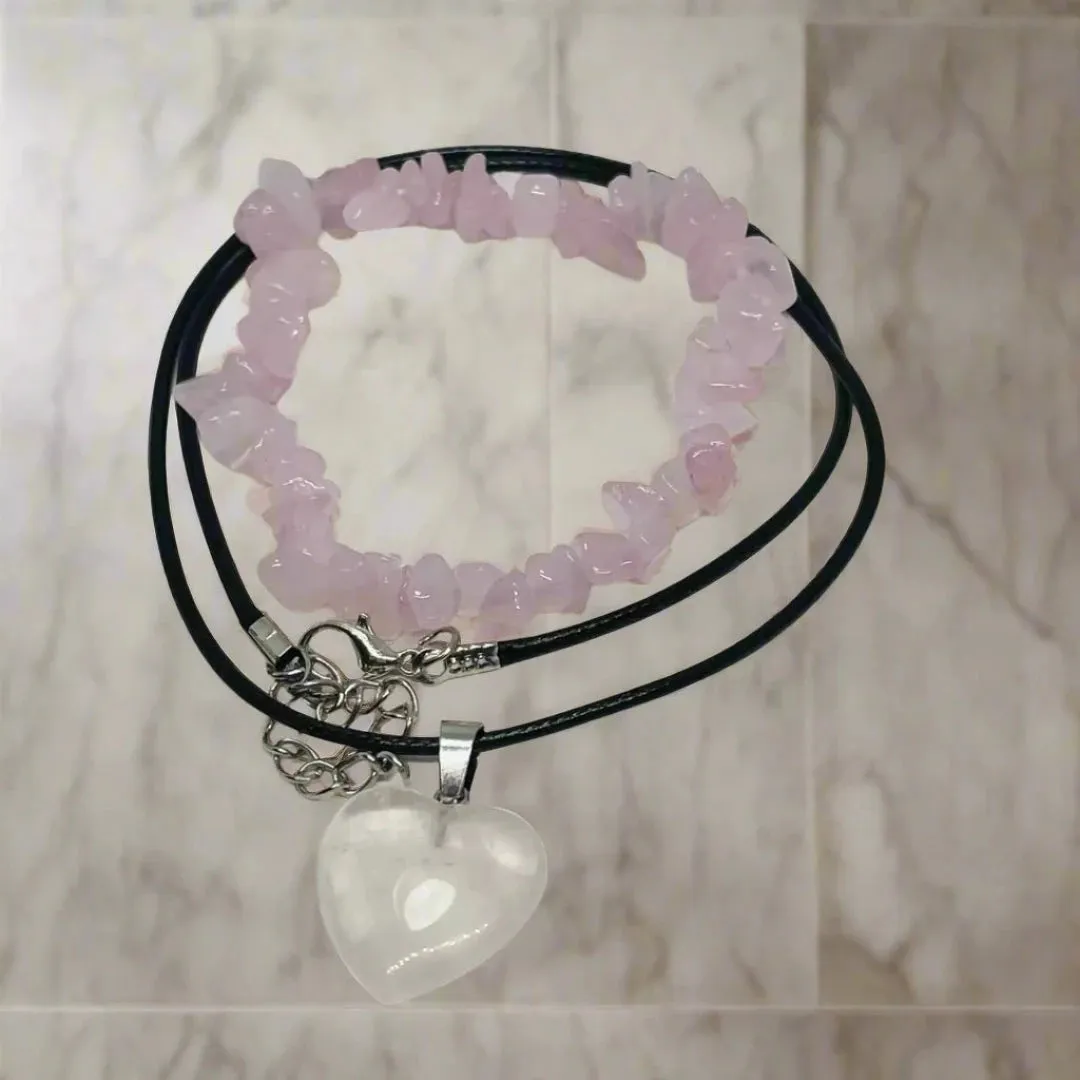 2 pcs set  Natural Rose Quartz Crystal Pendant Necklace and Bracelet