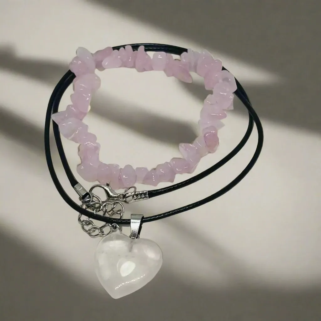 2 pcs set  Natural Rose Quartz Crystal Pendant Necklace and Bracelet