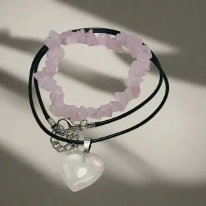 2 pcs set  Natural Rose Quartz Crystal Pendant Necklace and Bracelet