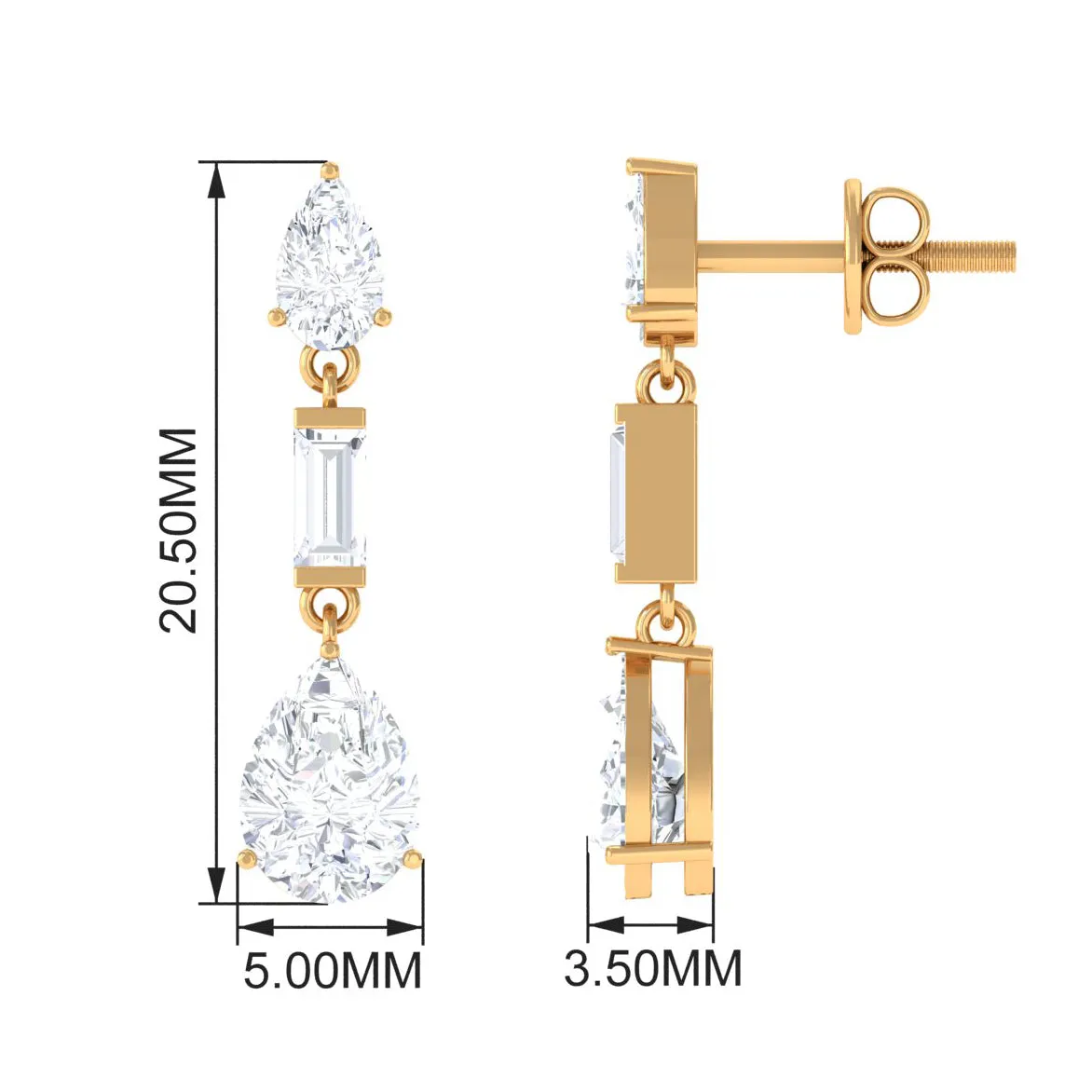 3 CT Baguette and Pear Shape Zircon Dangle Earrings