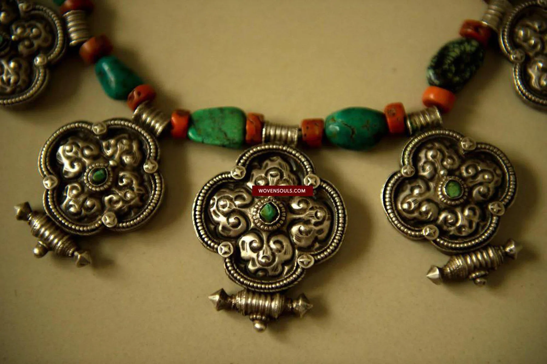 487  Heirloom, Coral, Silver & Turquoise Tibet Necklace