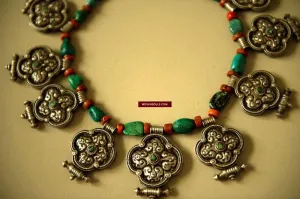 487  Heirloom, Coral, Silver & Turquoise Tibet Necklace