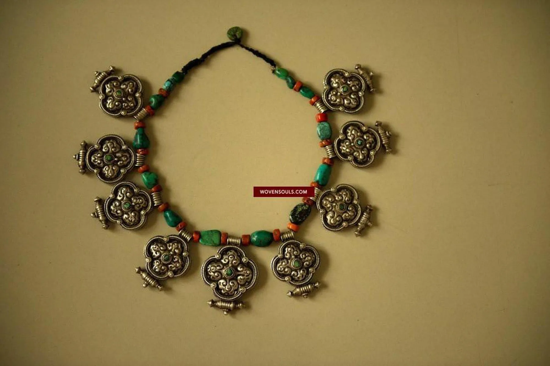 487  Heirloom, Coral, Silver & Turquoise Tibet Necklace