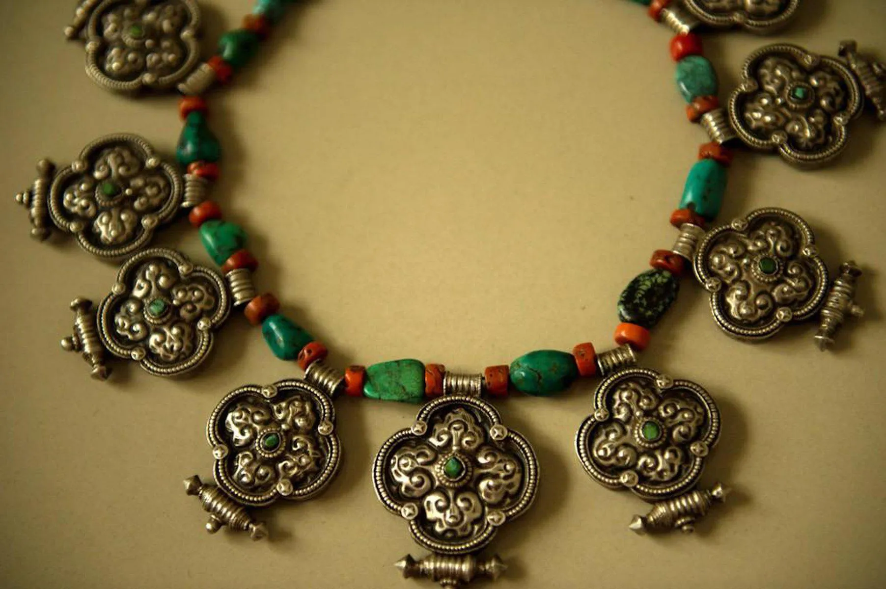 487  Heirloom, Coral, Silver & Turquoise Tibet Necklace