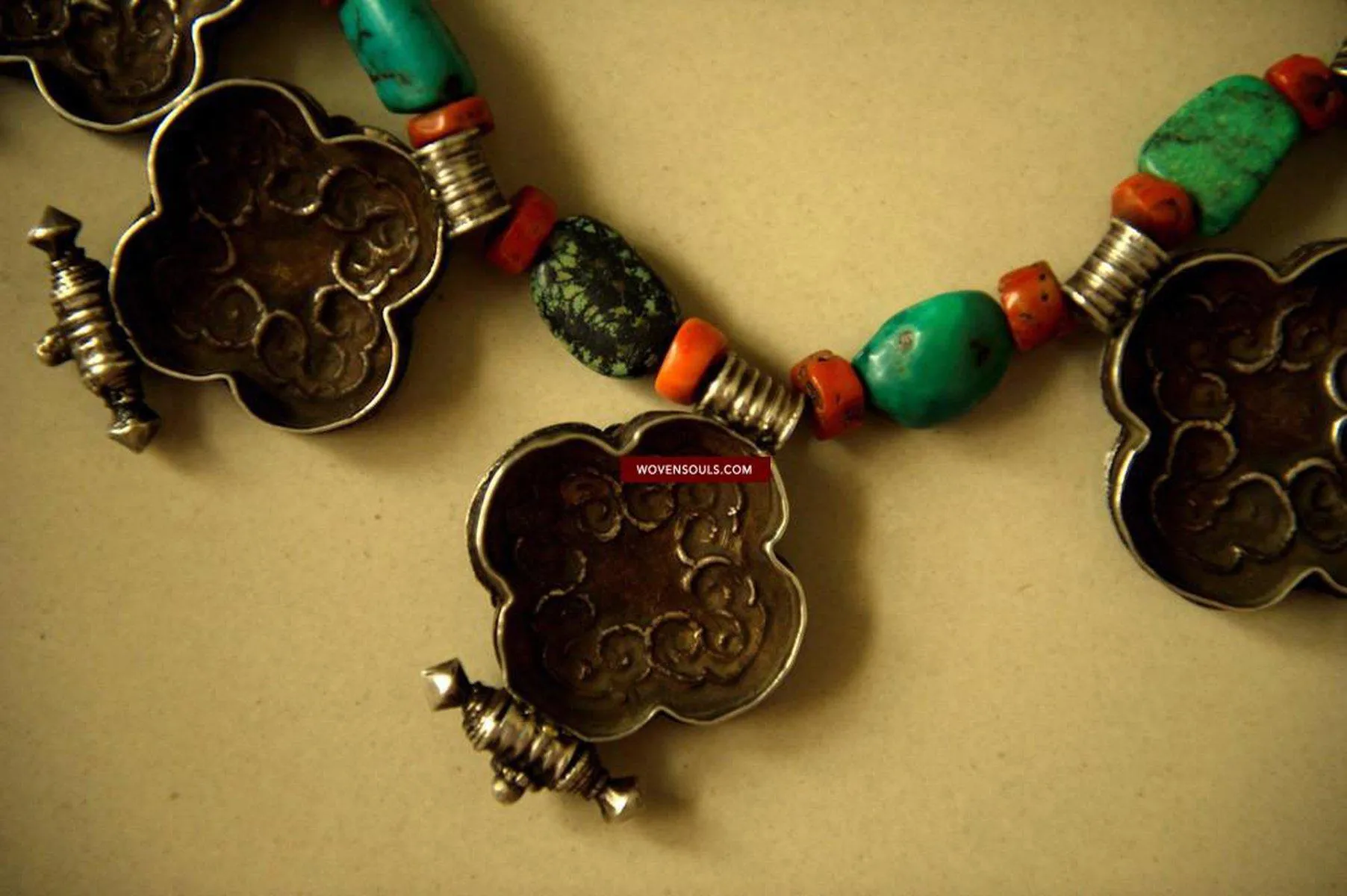 487  Heirloom, Coral, Silver & Turquoise Tibet Necklace
