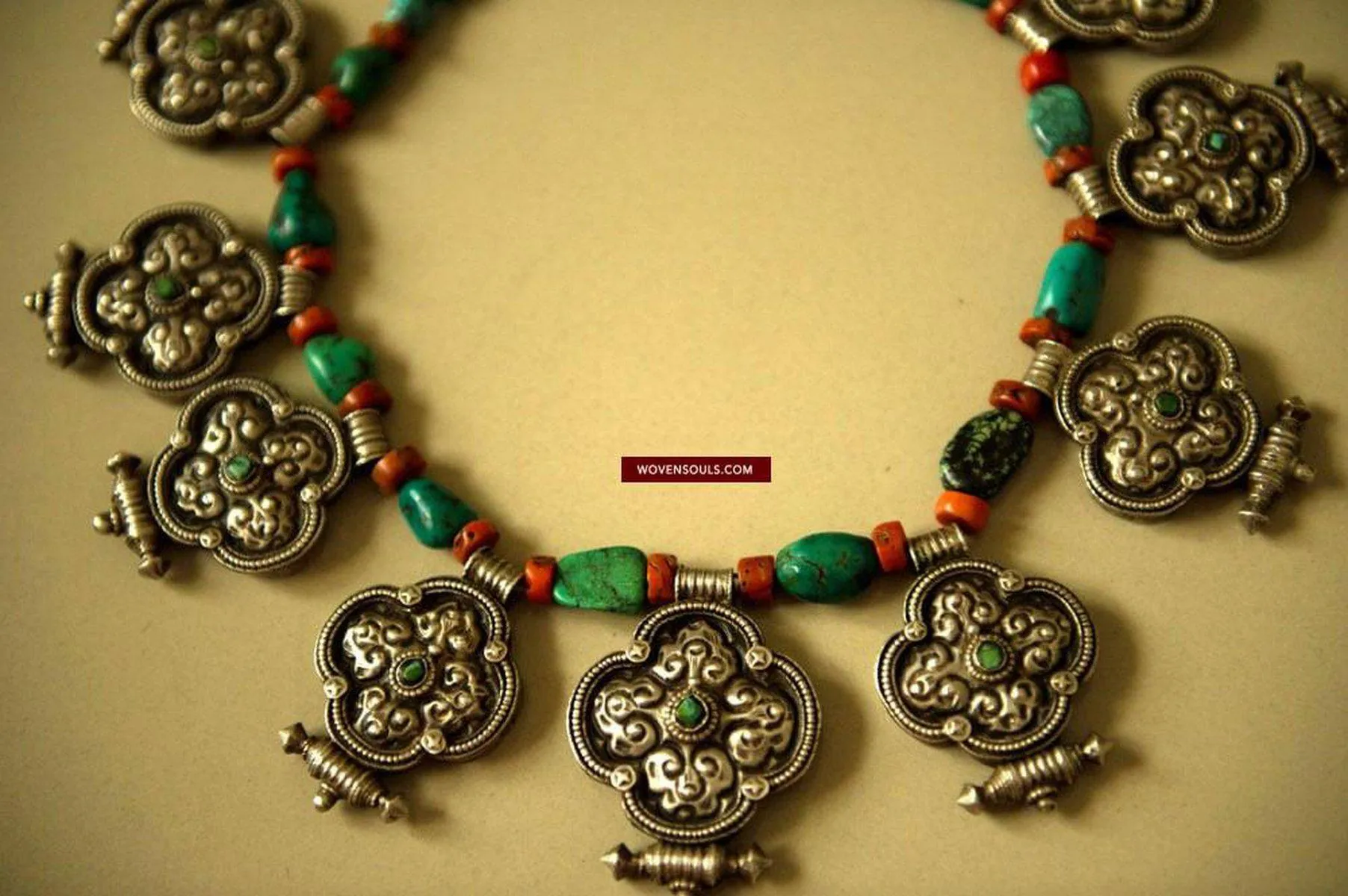 487  Heirloom, Coral, Silver & Turquoise Tibet Necklace