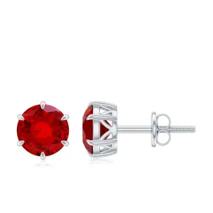 6 MM Round Created Ruby Solitaire Stud Earrings in Claw Setting