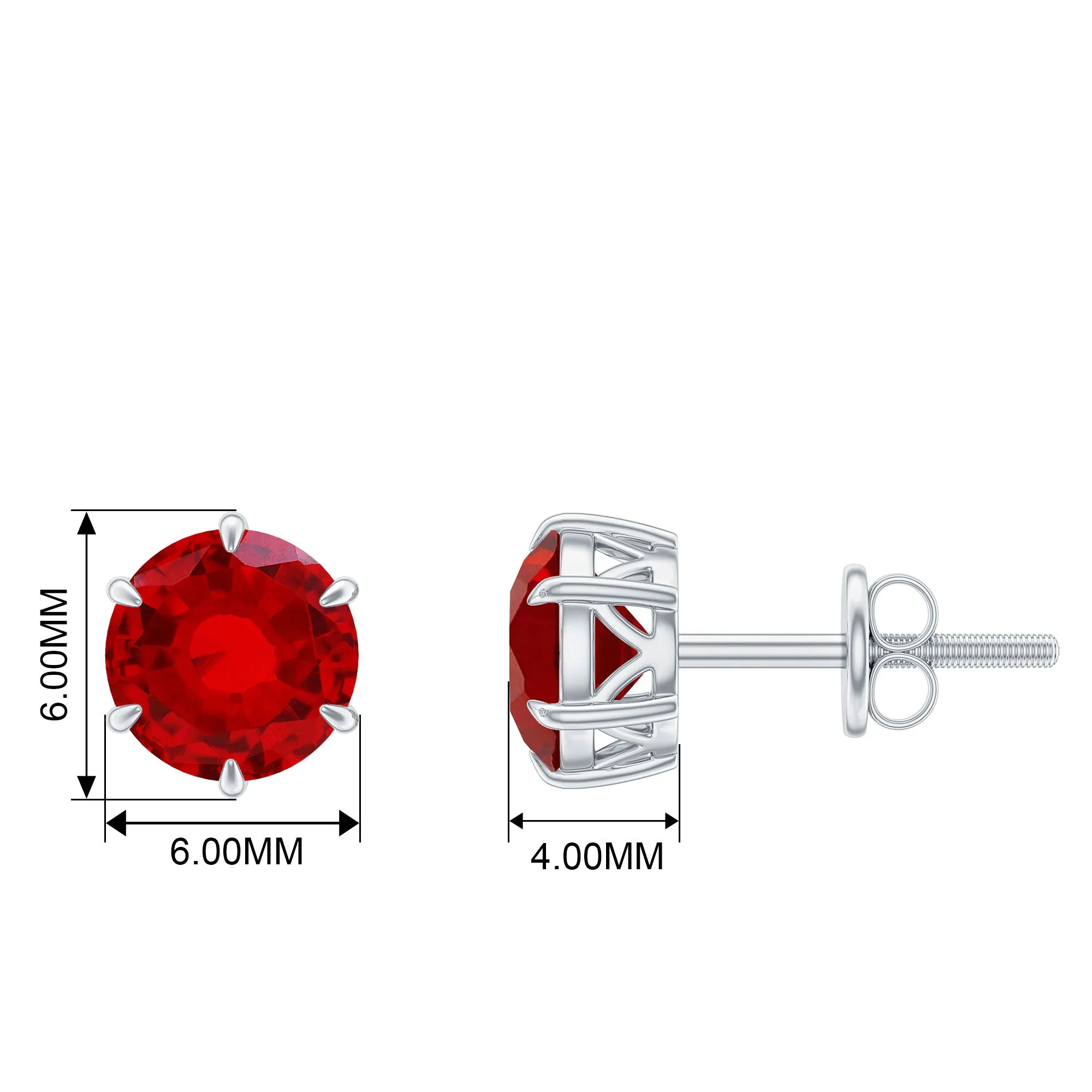 6 MM Round Created Ruby Solitaire Stud Earrings in Claw Setting
