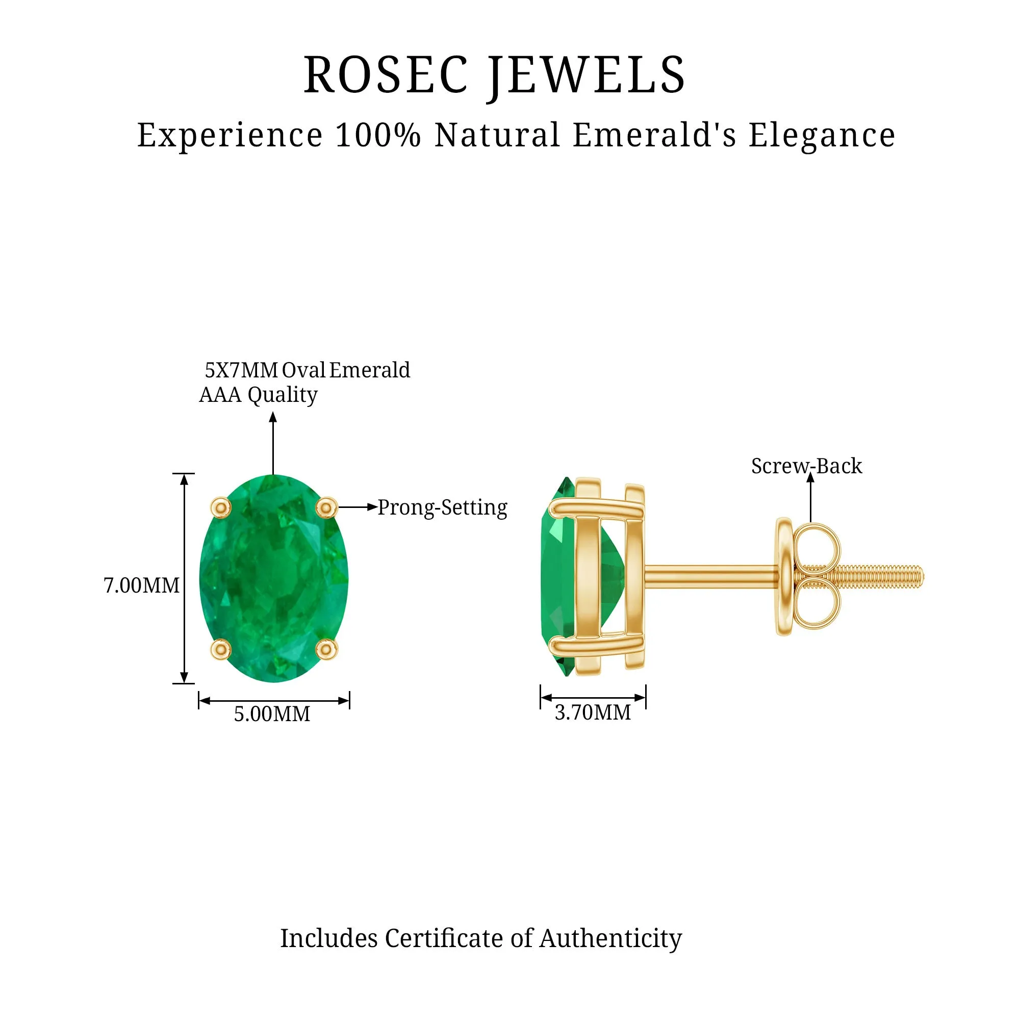 7X5 MM Oval Cut Emerald Solitaire Stud Earrings in 4 Prong Setting