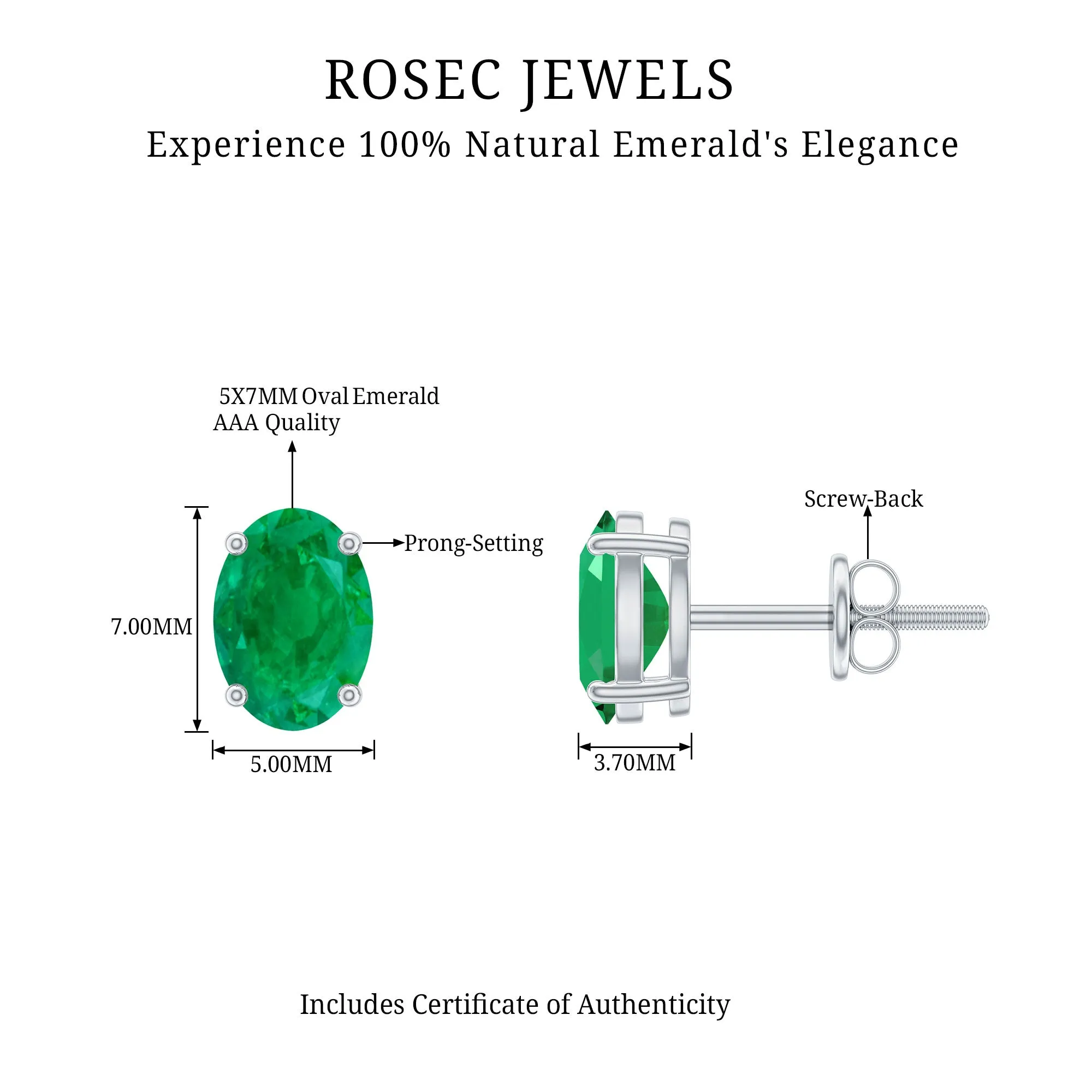 7X5 MM Oval Cut Emerald Solitaire Stud Earrings in 4 Prong Setting