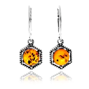 925 Sterling Silver & Genuine Baltic Amber Classic Drop Dangle Earrings - 8543