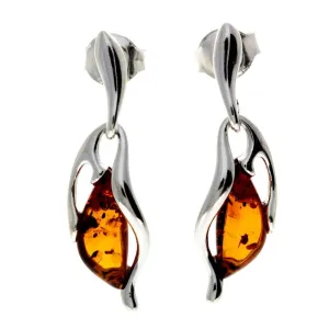 925 Sterling Silver & Genuine Baltic Amber Drop Studs Modern Earrings - GL1006