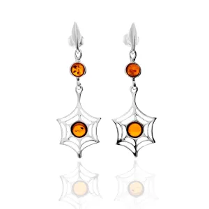 925 Sterling Silver & Genuine Baltic Amber Modern Drop Earrings - GL1048