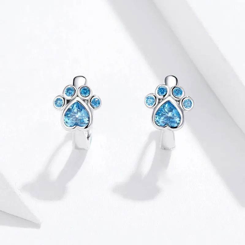 925 Sterling Silver Cat Paw Earrings Blue Zircon