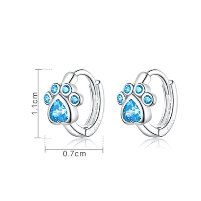 925 Sterling Silver Cat Paw Earrings Blue Zircon