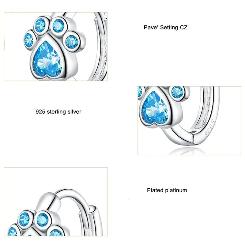 925 Sterling Silver Cat Paw Earrings Blue Zircon