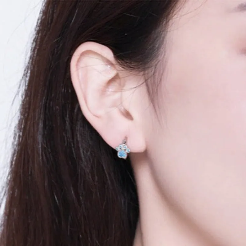 925 Sterling Silver Cat Paw Earrings Blue Zircon