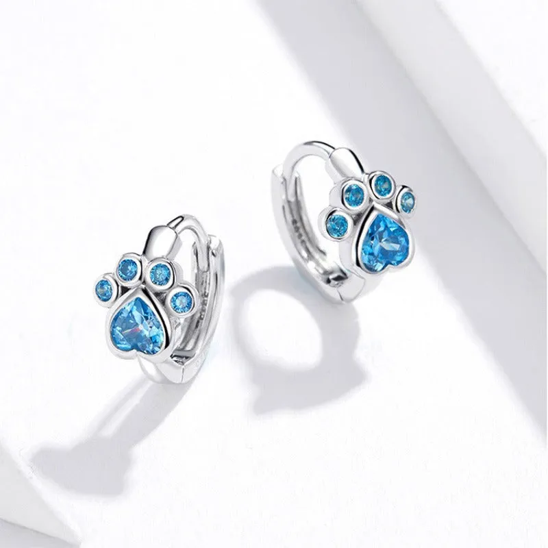 925 Sterling Silver Cat Paw Earrings Blue Zircon