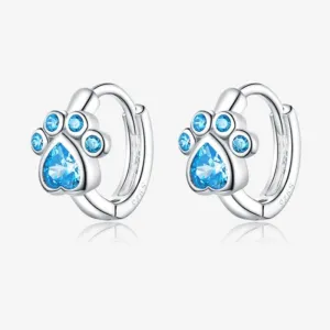 925 Sterling Silver Cat Paw Earrings Blue Zircon