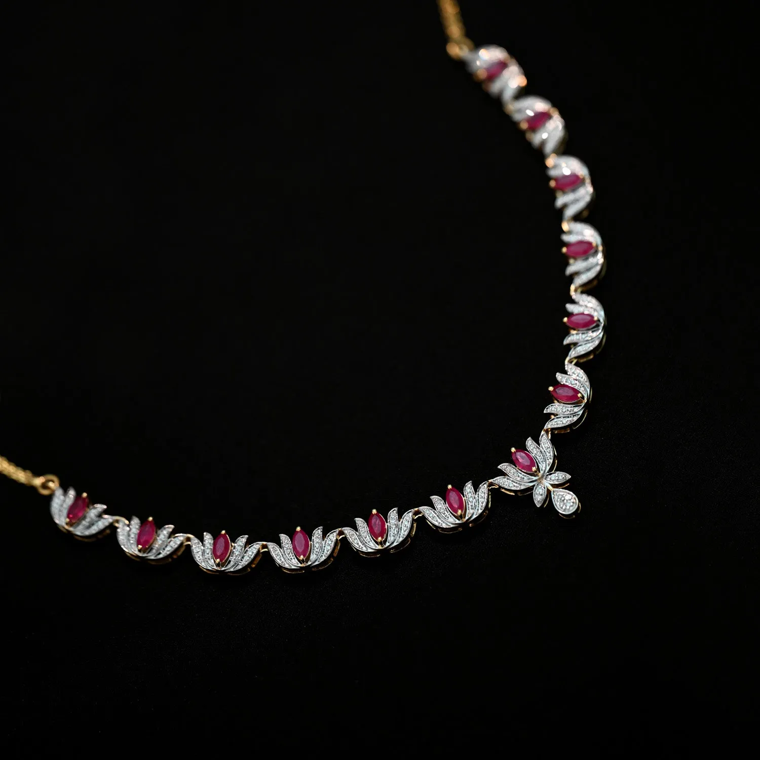 9K YG Princess Diamond, Ruby Necklace-1pc