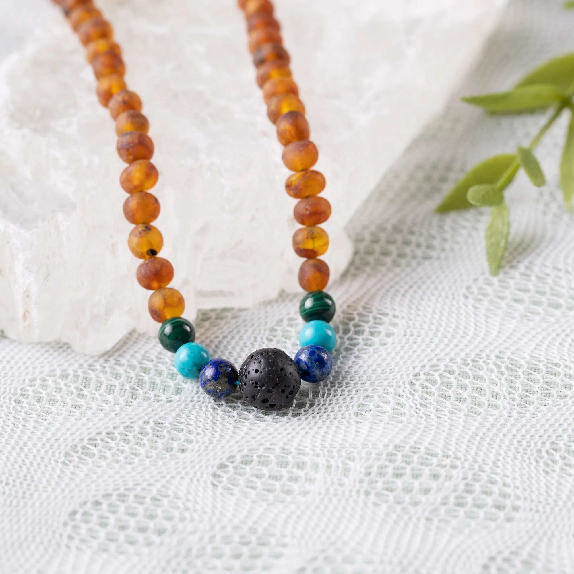 Adults | Malachite Mix   Raw Cognac Aromatherapy Necklace