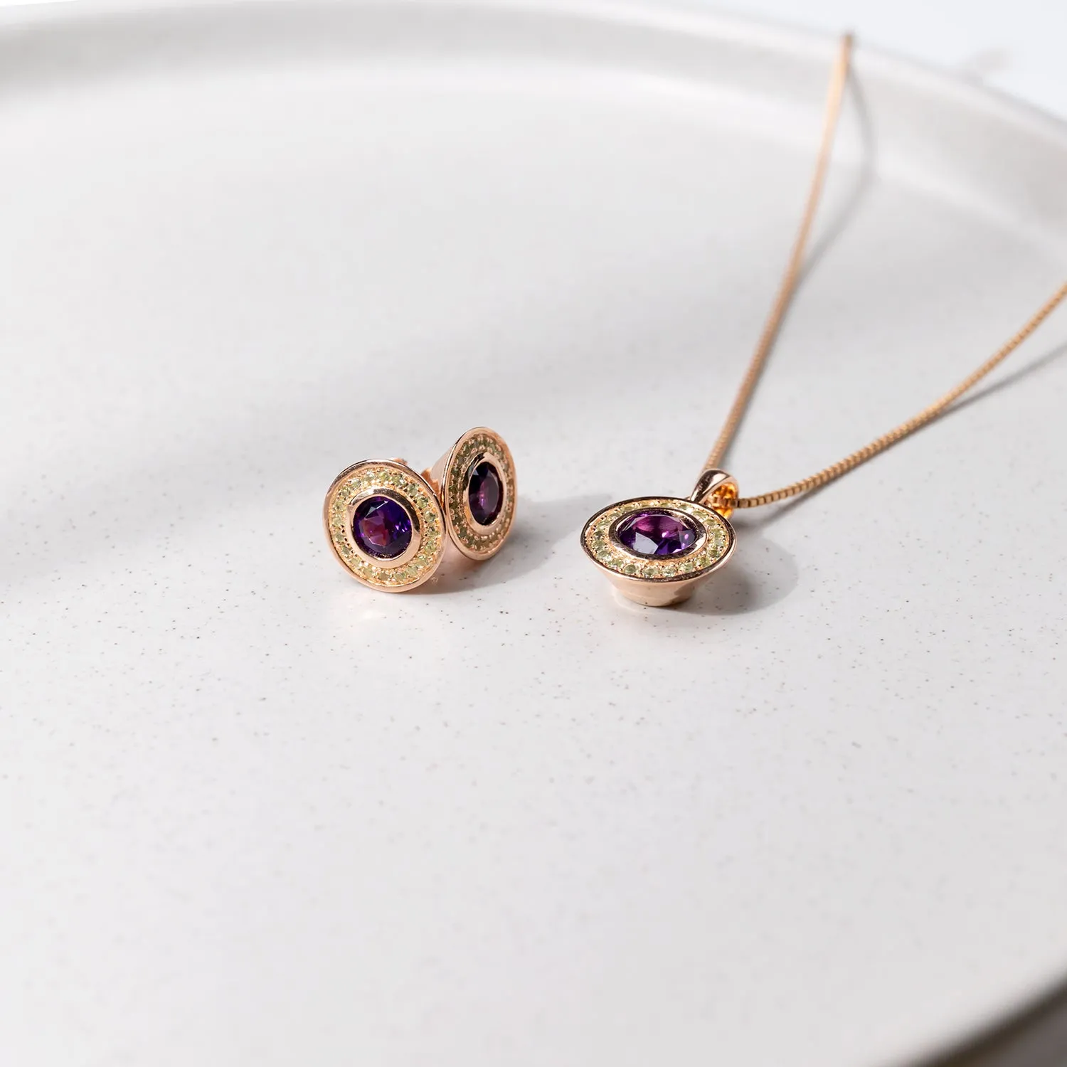 Amethyst & Olivine Pendant in Rose Gold Vermeil
