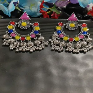 Antique Silver Plated Dual Coloured Enamel Floral Designed Tribal Chandelier Earring