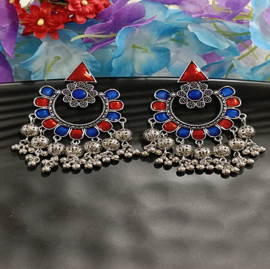 Antique Silver Plated Dual Coloured Enamel Floral Designed Tribal Chandelier Earring