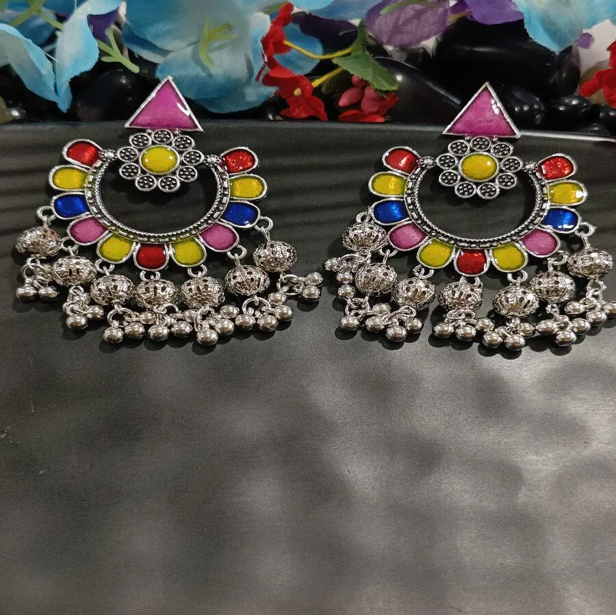Antique Silver Plated Dual Coloured Enamel Floral Designed Tribal Chandelier Earring