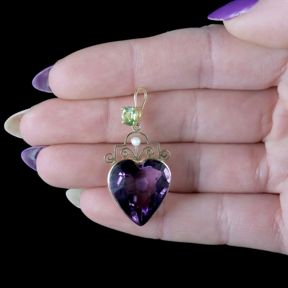 Antique Victorian Suffragette Pendant Amethyst Heart 9Ct Gold Circa 1900
