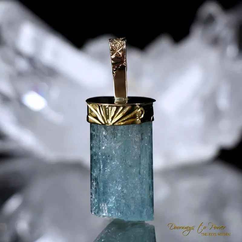 Aquamarine Light Language Crystal Pendant in 22k Gold