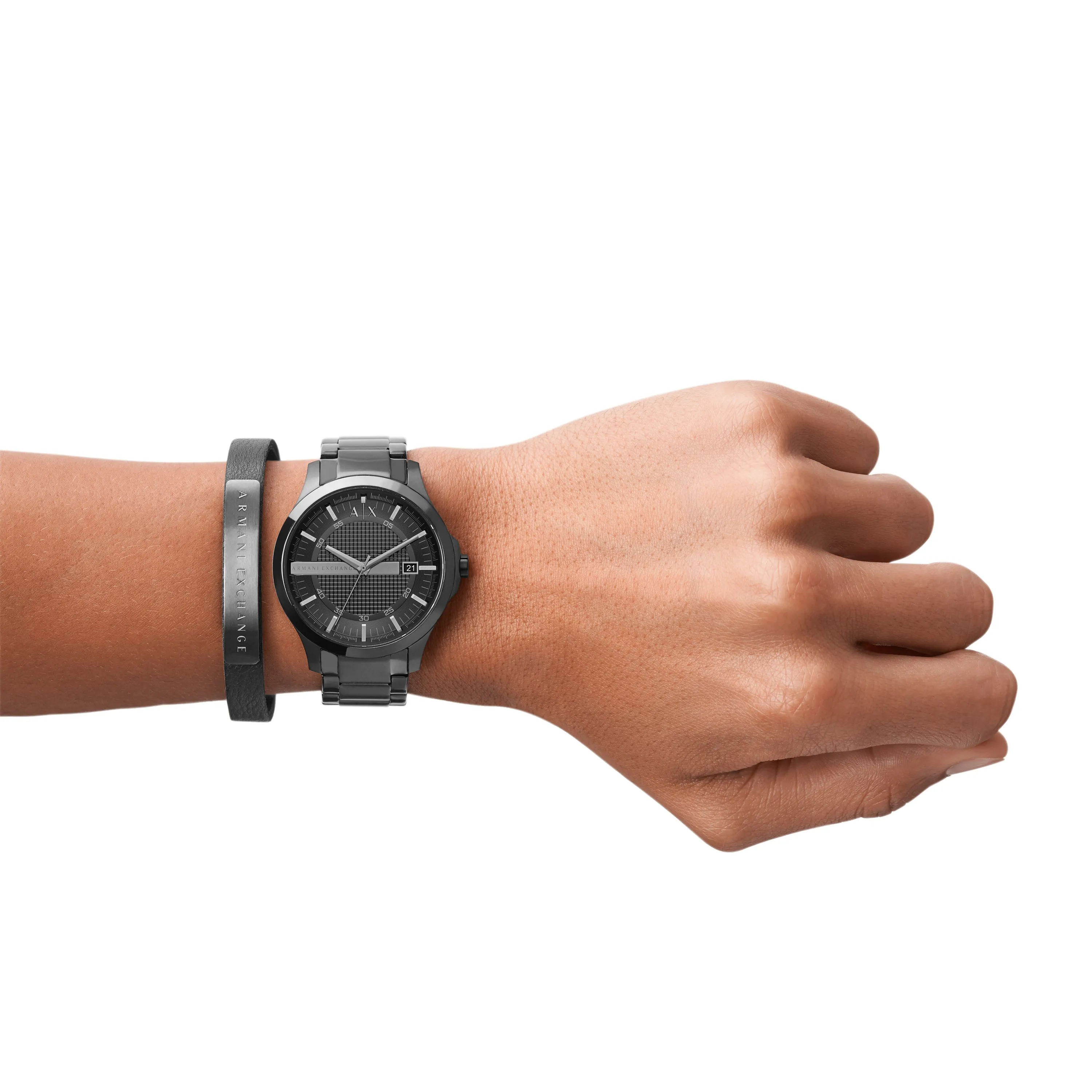 Armani Exchange Three-Hand Date Black Stainless Steel Watch and Bracelet Gift Set AX7101