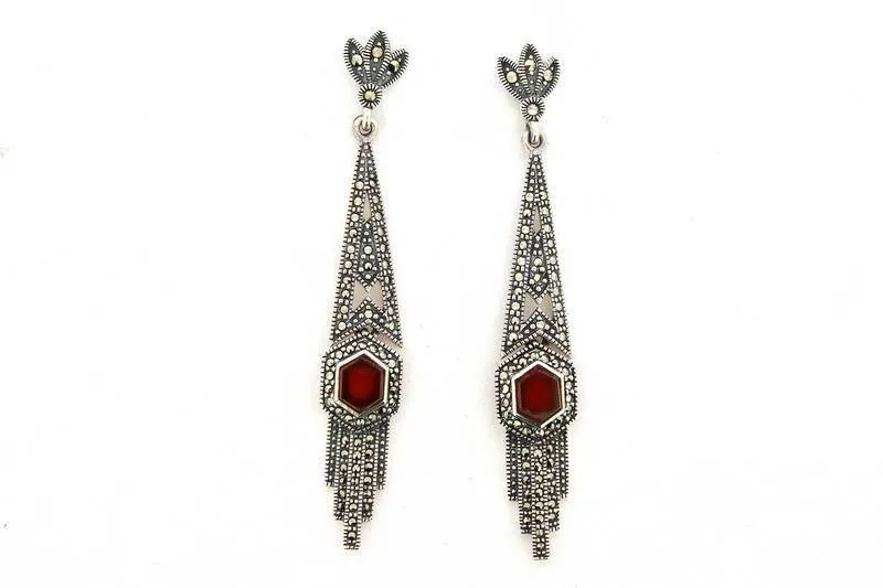 Art Deco Earrings Carnelian Red Agate Silver Marcasite