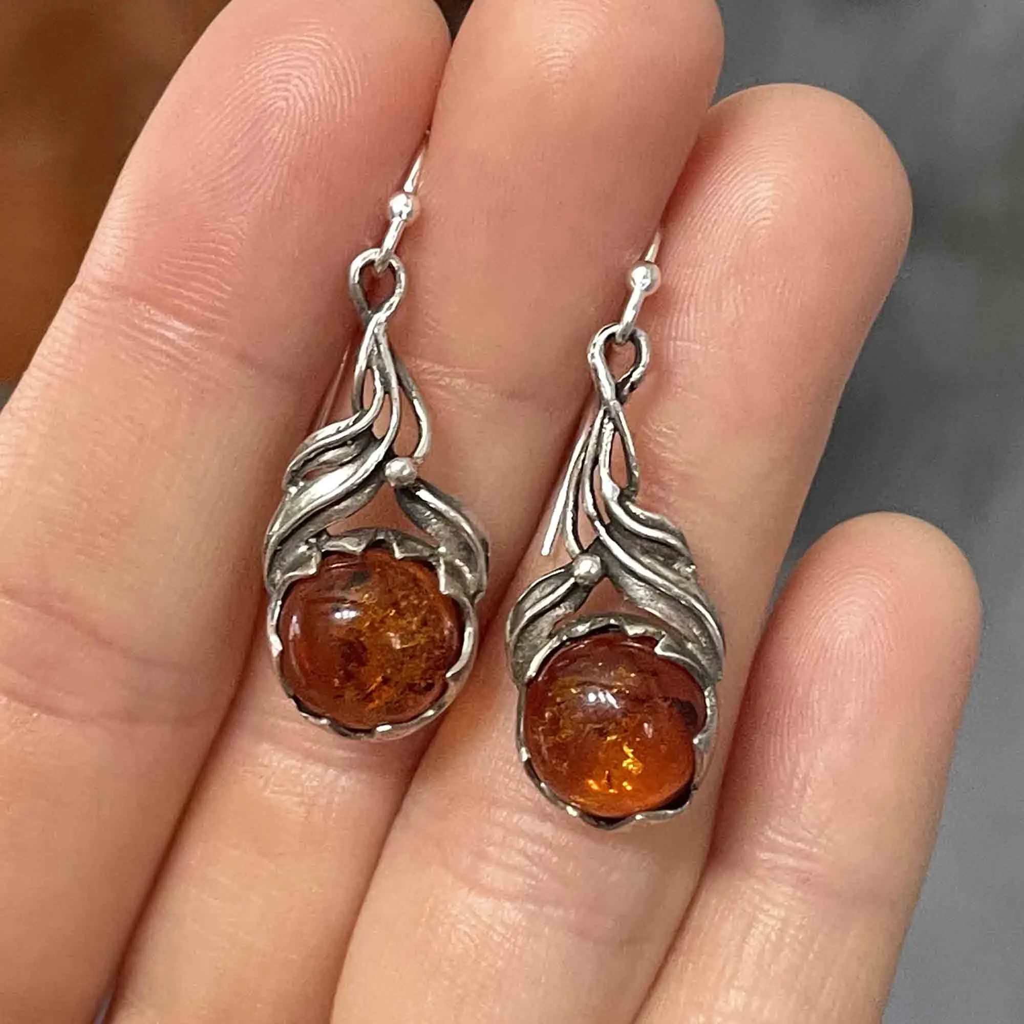Arts and Crafts Style Silver Natural Baltic Amber Drop Earrings
