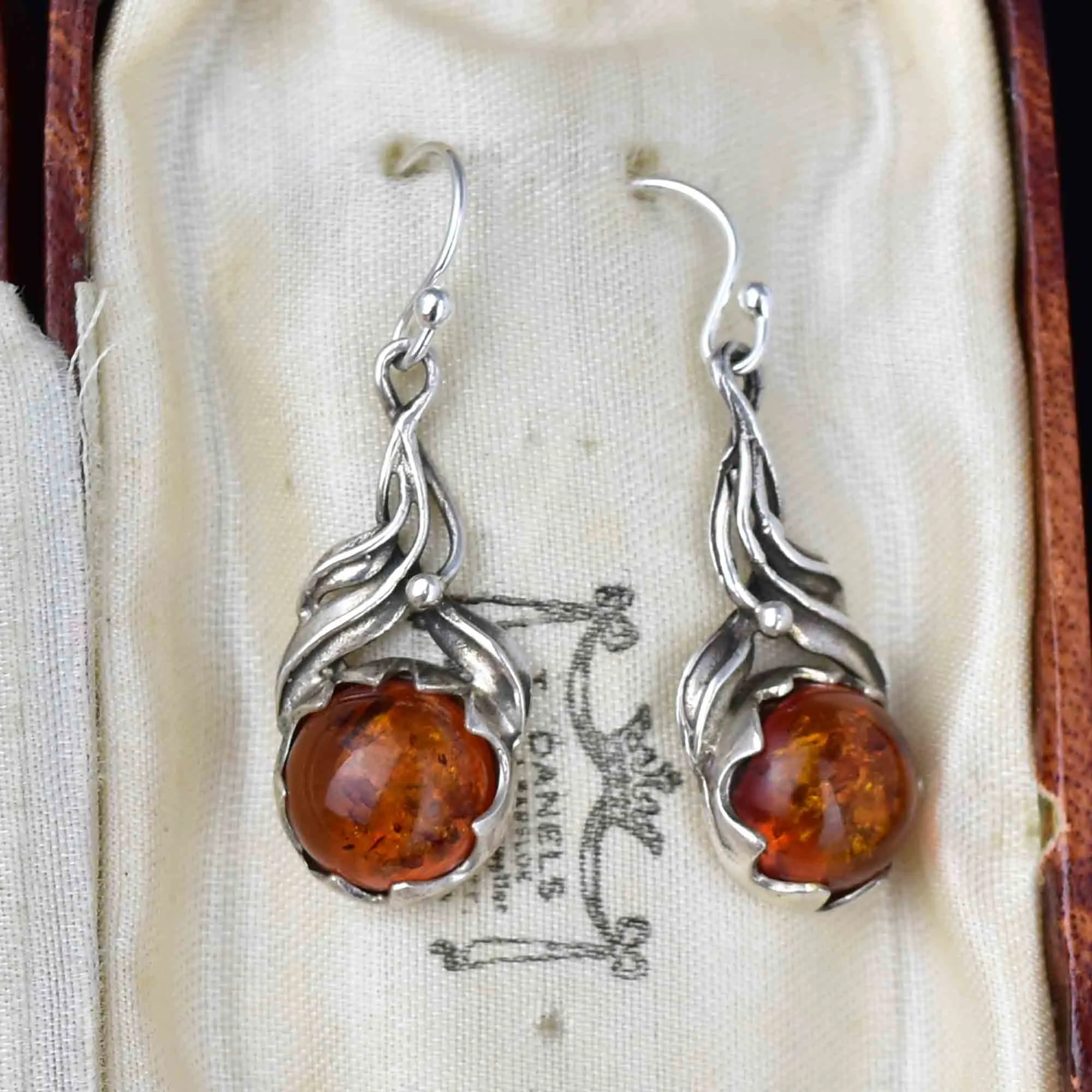 Arts and Crafts Style Silver Natural Baltic Amber Drop Earrings