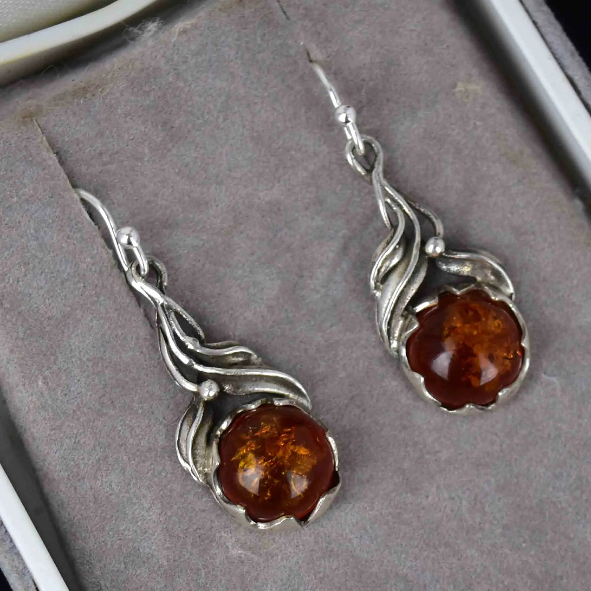 Arts and Crafts Style Silver Natural Baltic Amber Drop Earrings