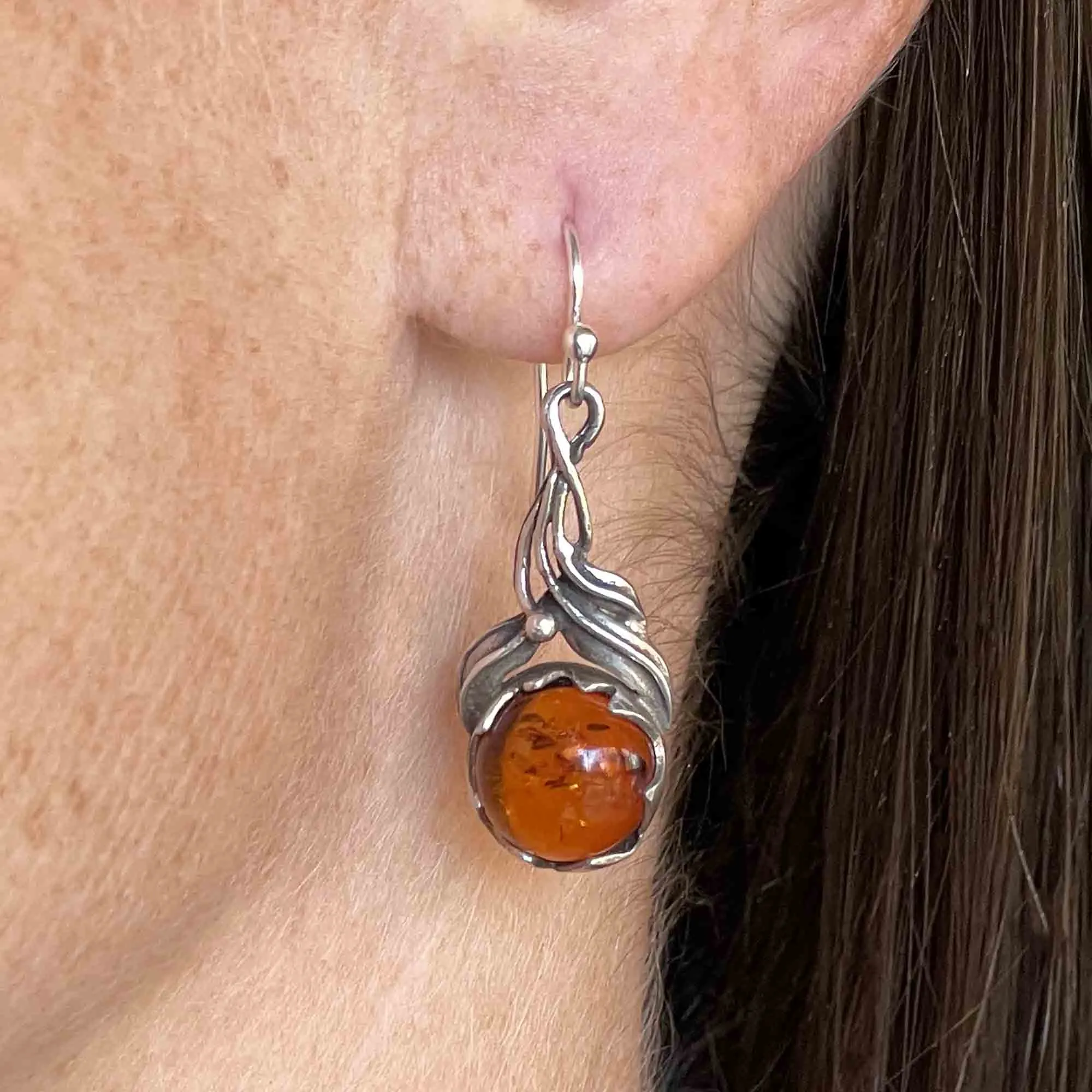 Arts and Crafts Style Silver Natural Baltic Amber Drop Earrings