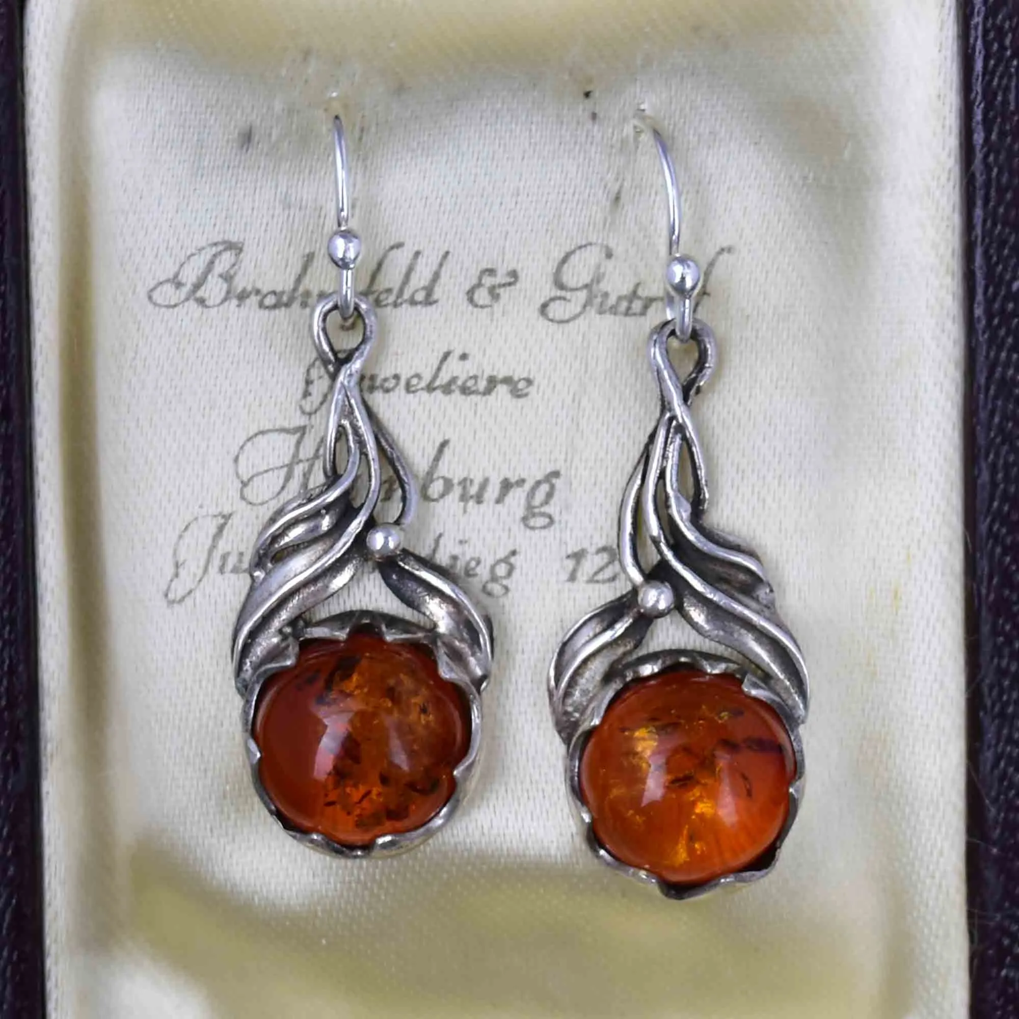 Arts and Crafts Style Silver Natural Baltic Amber Drop Earrings