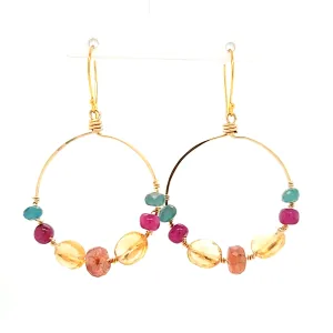AVF Gold Sunstone, Grandidierite, Citrine & Ruby Front Facing Beaded Hoop Earrings (SI3731)