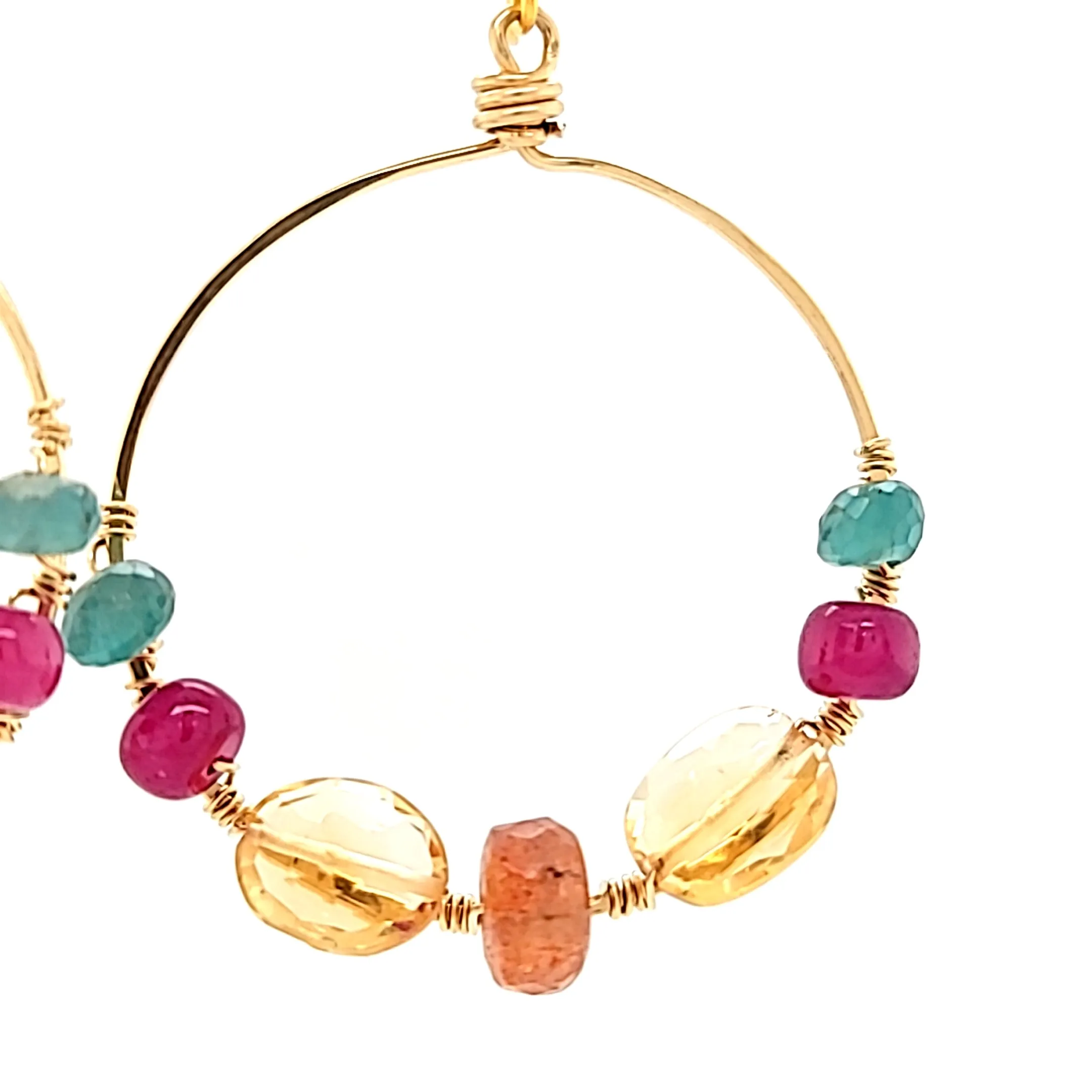 AVF Gold Sunstone, Grandidierite, Citrine & Ruby Front Facing Beaded Hoop Earrings (SI3731)