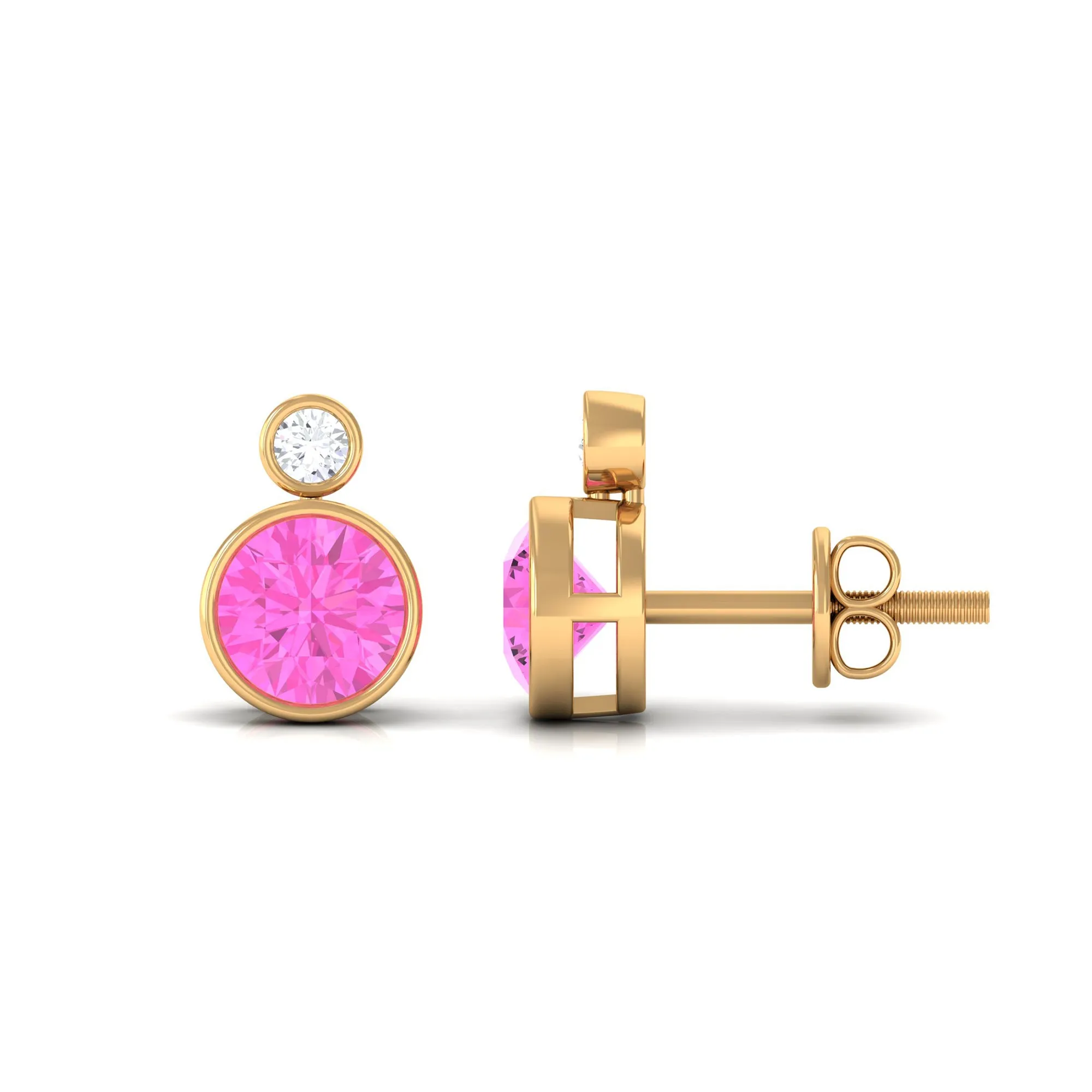 Bezel Set Round Pink Sapphire and Diamond Solitaire Stud Earrings